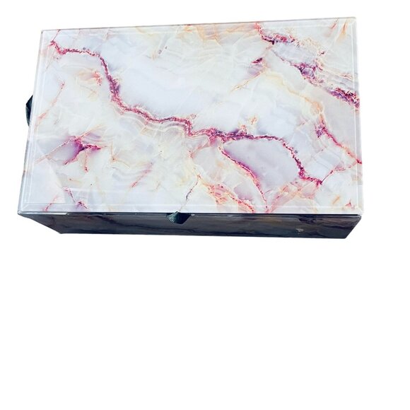 Jewelry Storage Marble Print Box Velvet Interior Ribbon Closure 8 1/3" x 5" - Picture 5 of 5